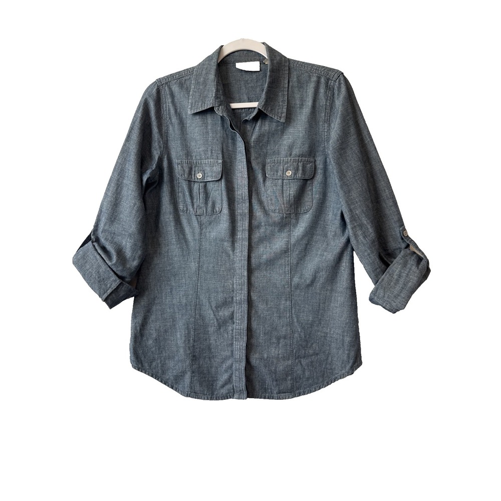 Chico's Denim Button Up‎ Roll Tab Shirt Women's 0, US Small Boho Western Country